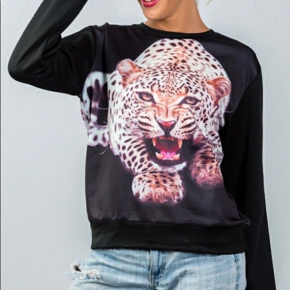 Black Animal Cheetah Print Long Sleeve Loose Top.